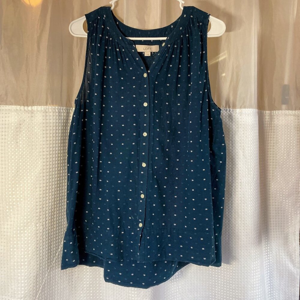sleeveless Loft top, teal with geometric pattern, size L